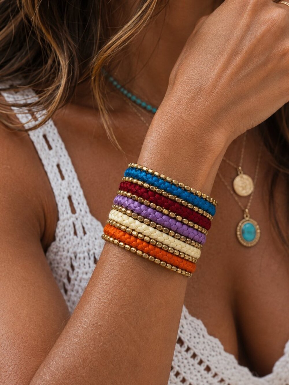 Multicolor Beaded Coil Cuff Bracelet Wide Braided Boho Chic Artisan Handcrafted